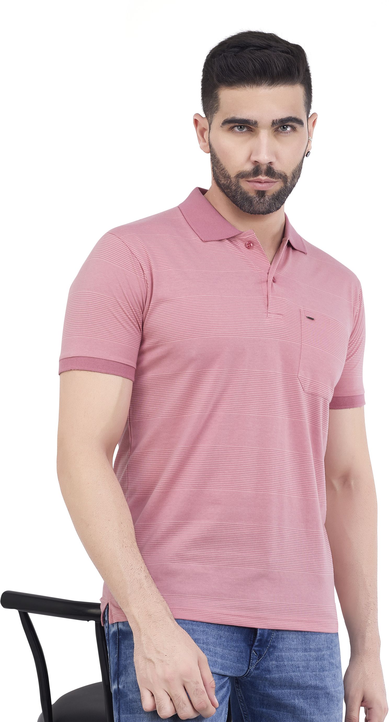 proriders Men Striped Polo Neck Cotton Blend Pink T-Shirt-picture-18