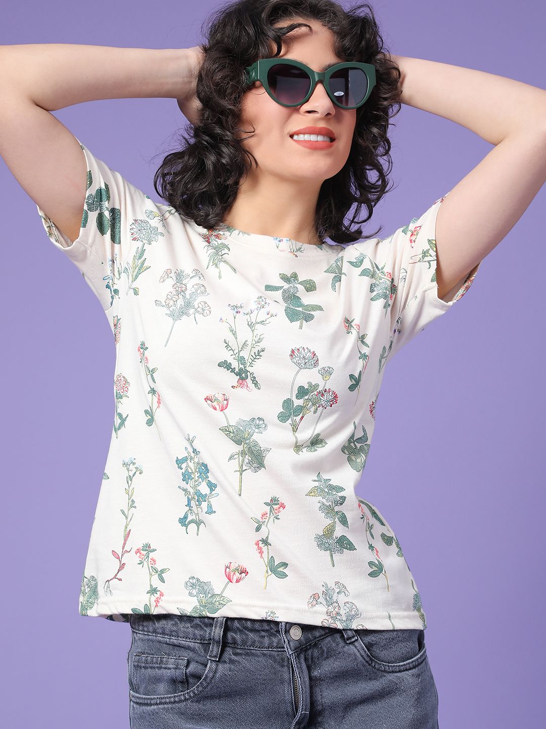v-mart Women Printed Round Neck Cotton Blend Beige T-Shirt-picture-10