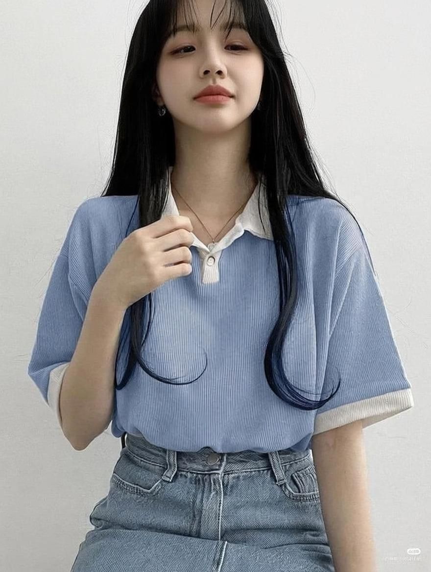 black buddy Women Self Design Polo Neck Cotton Blend Light Blue T-Shirt-picture-28