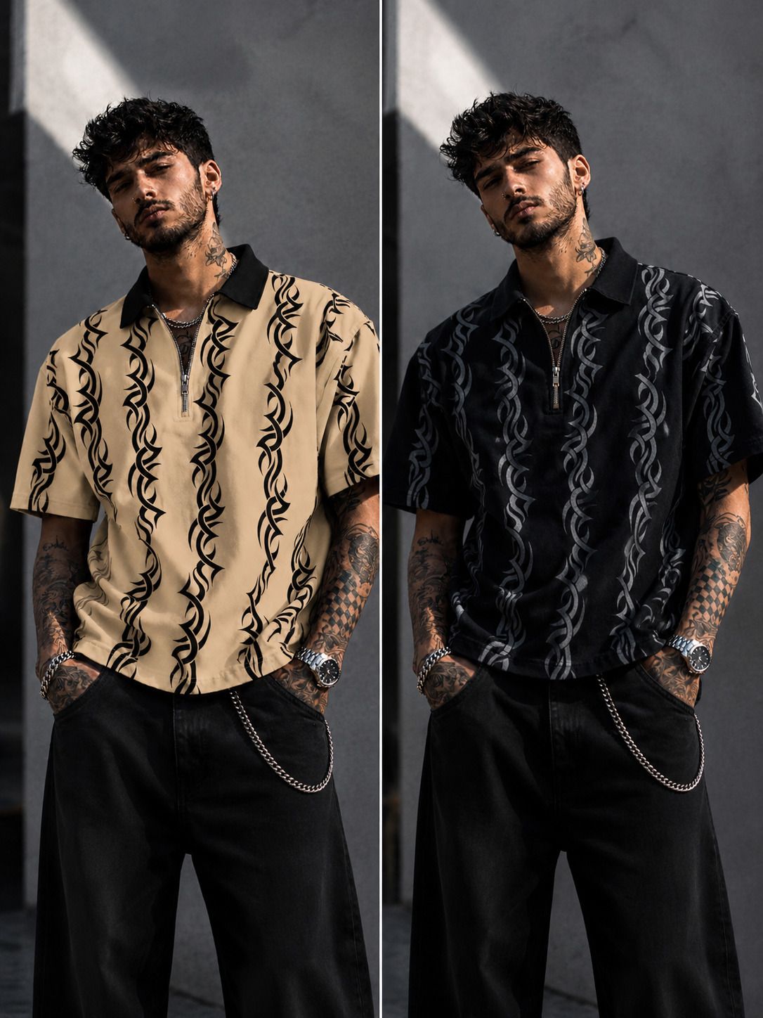 nb nicky boy Pack of 2 Men Printed Polo Neck Cotton Blend Beige, Black T-Shirt-picture-26