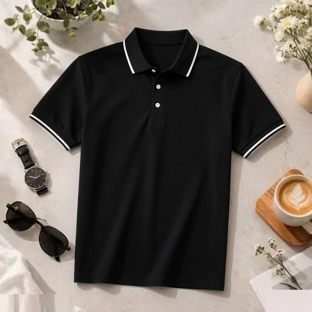 Men Solid Polo Neck Cotton Blend Black T-Shirt-image-32