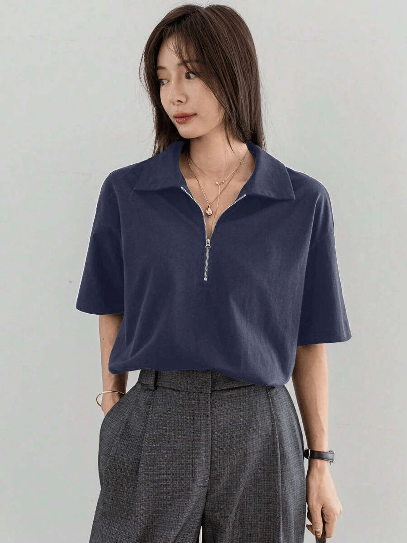 mk digital Women Solid Zip Neck Cotton Blend Blue T-Shirt-picture-12
