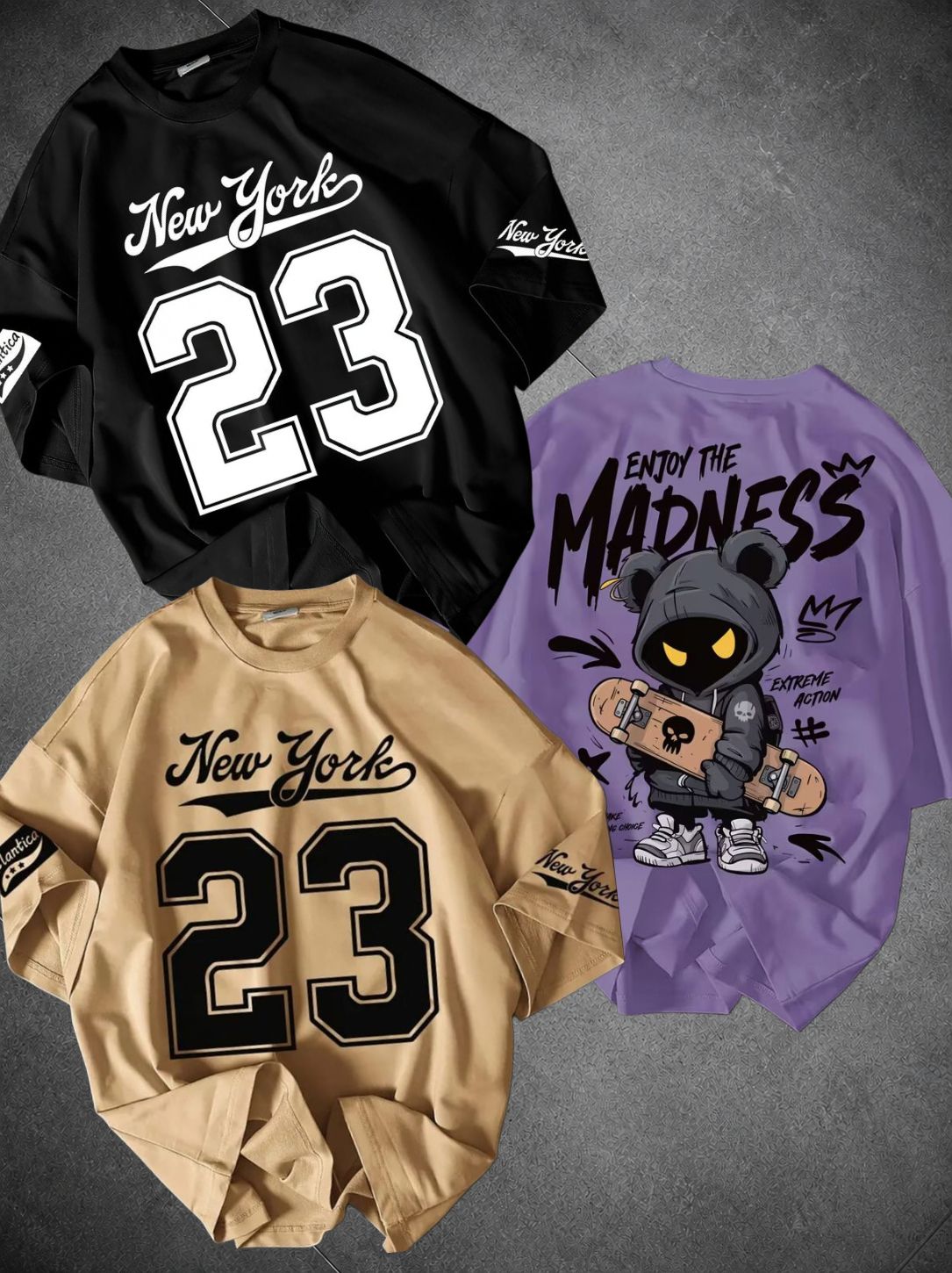 madilyn Pack of 3 Men Graphic Print Round Neck Cotton Blend Black, Beige, Purple T-Shirt-picture-26