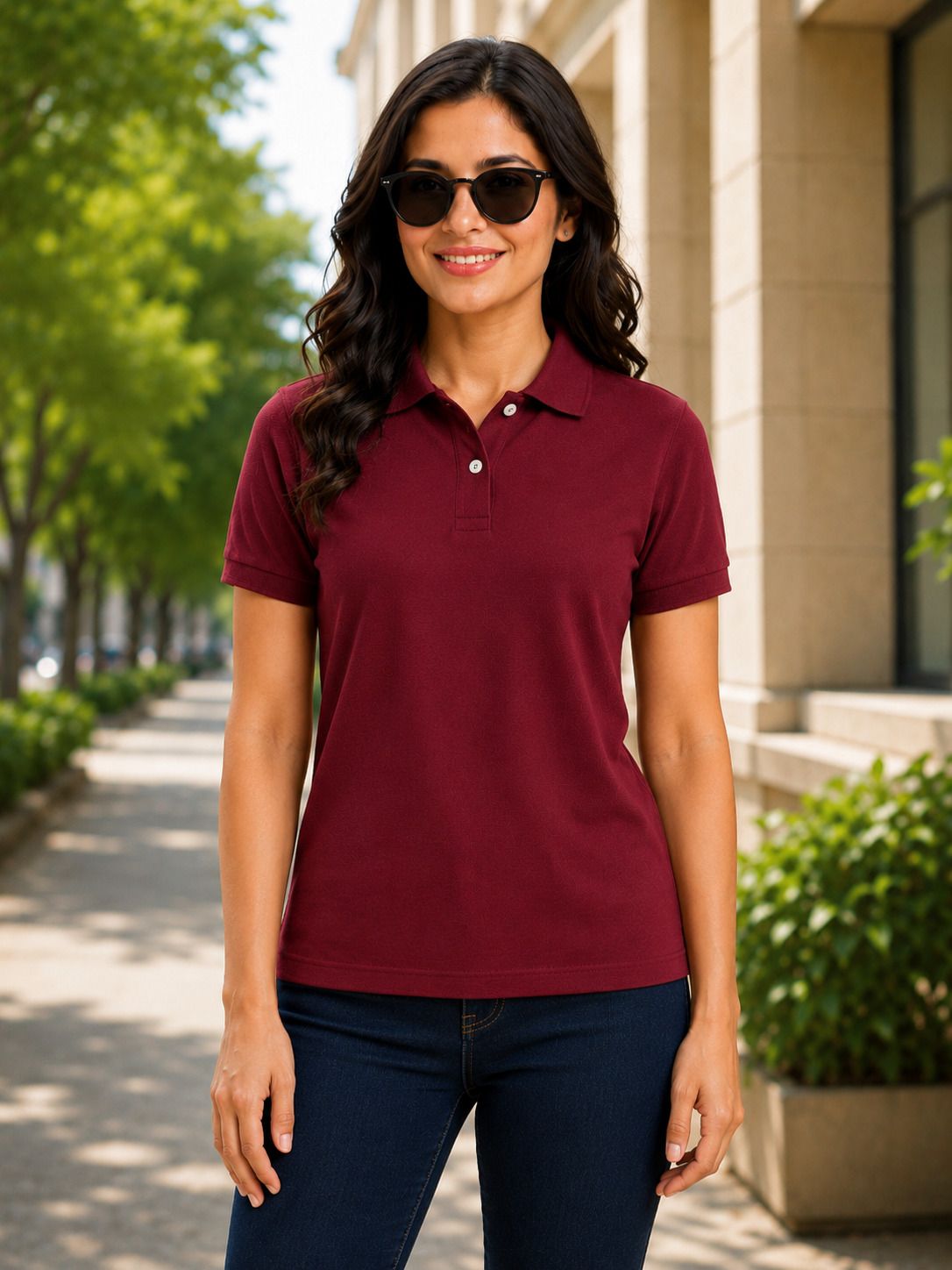 ray & fox Women Solid Polo Neck Pure Cotton Maroon T-Shirt-picture-11