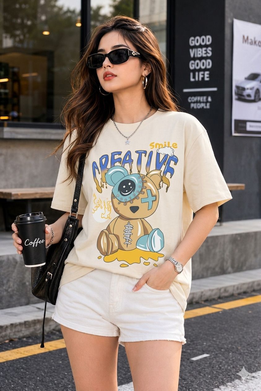 dreambe Women Printed Round Neck Cotton Blend Beige T-Shirt-picture-35