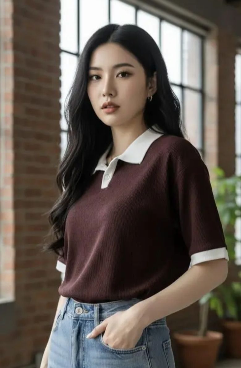 Women Solid Polo Neck Polyester White, Brown T-Shirt-image-26