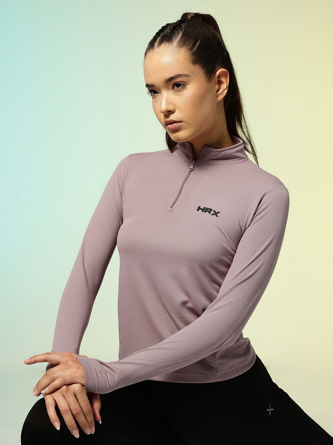 Women Self Design High Neck Polyester Purple T-Shirt-image-42