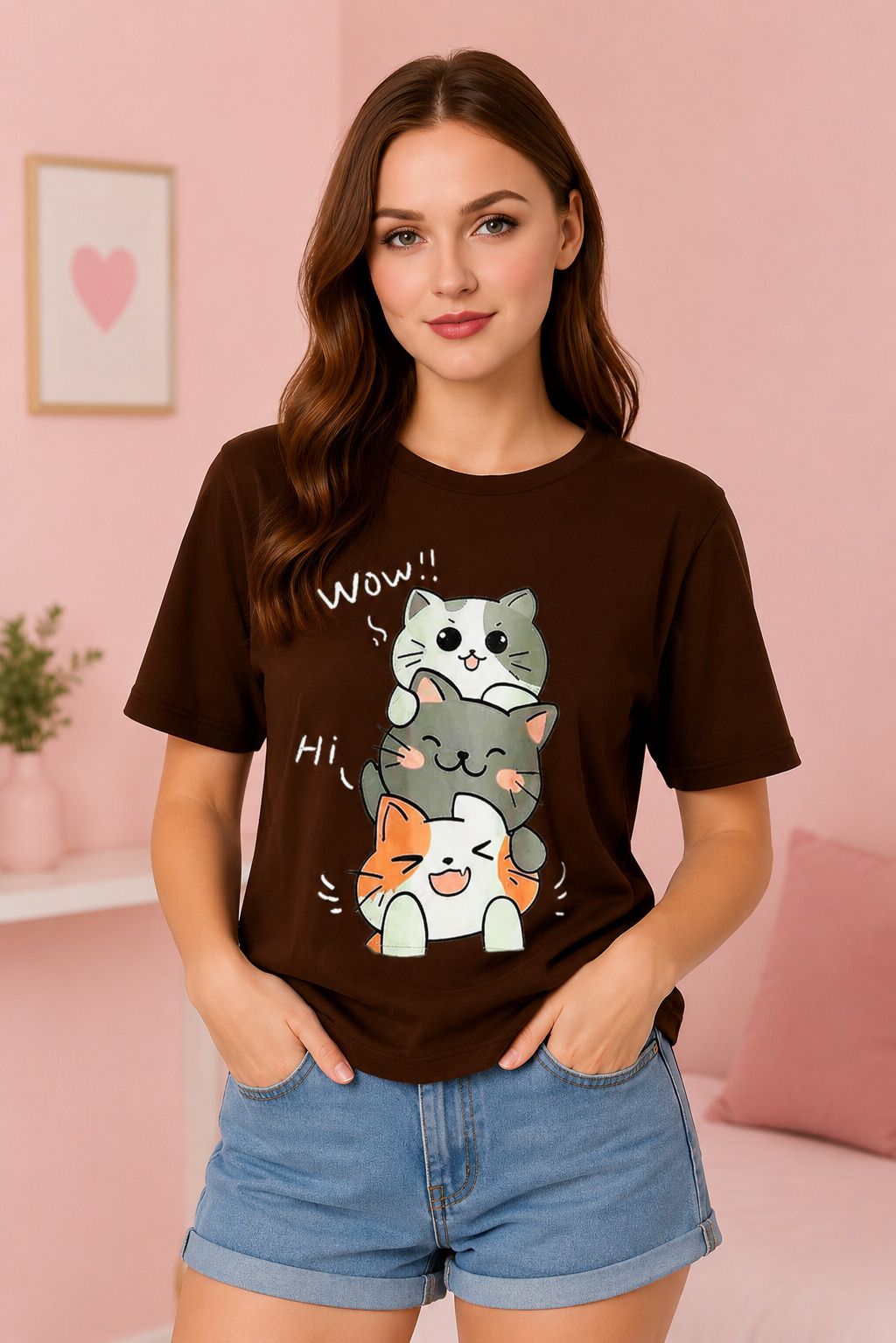 elvia Women Graphic Print Round Neck Pure Cotton Brown T-Shirt-picture-8