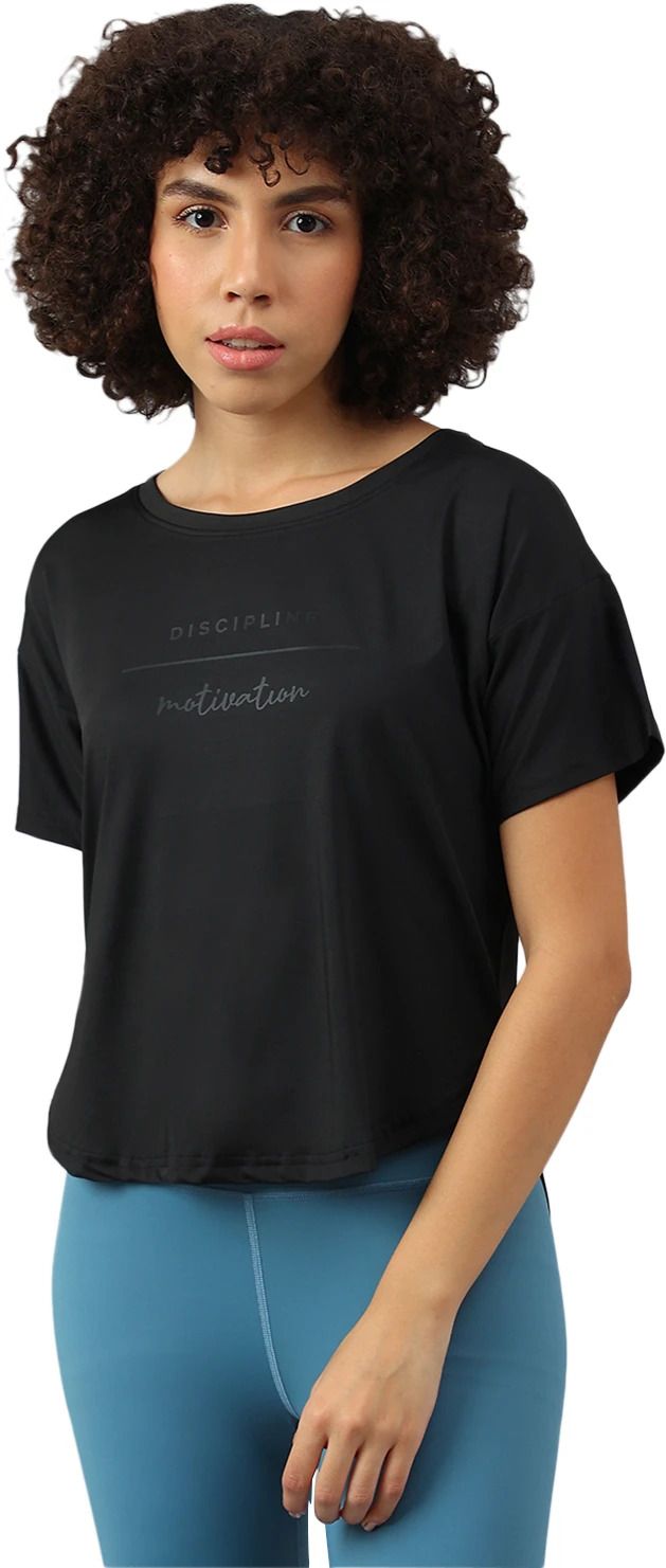 mkh Women Printed Crew Neck Polyester Black T-Shirt-picture-3