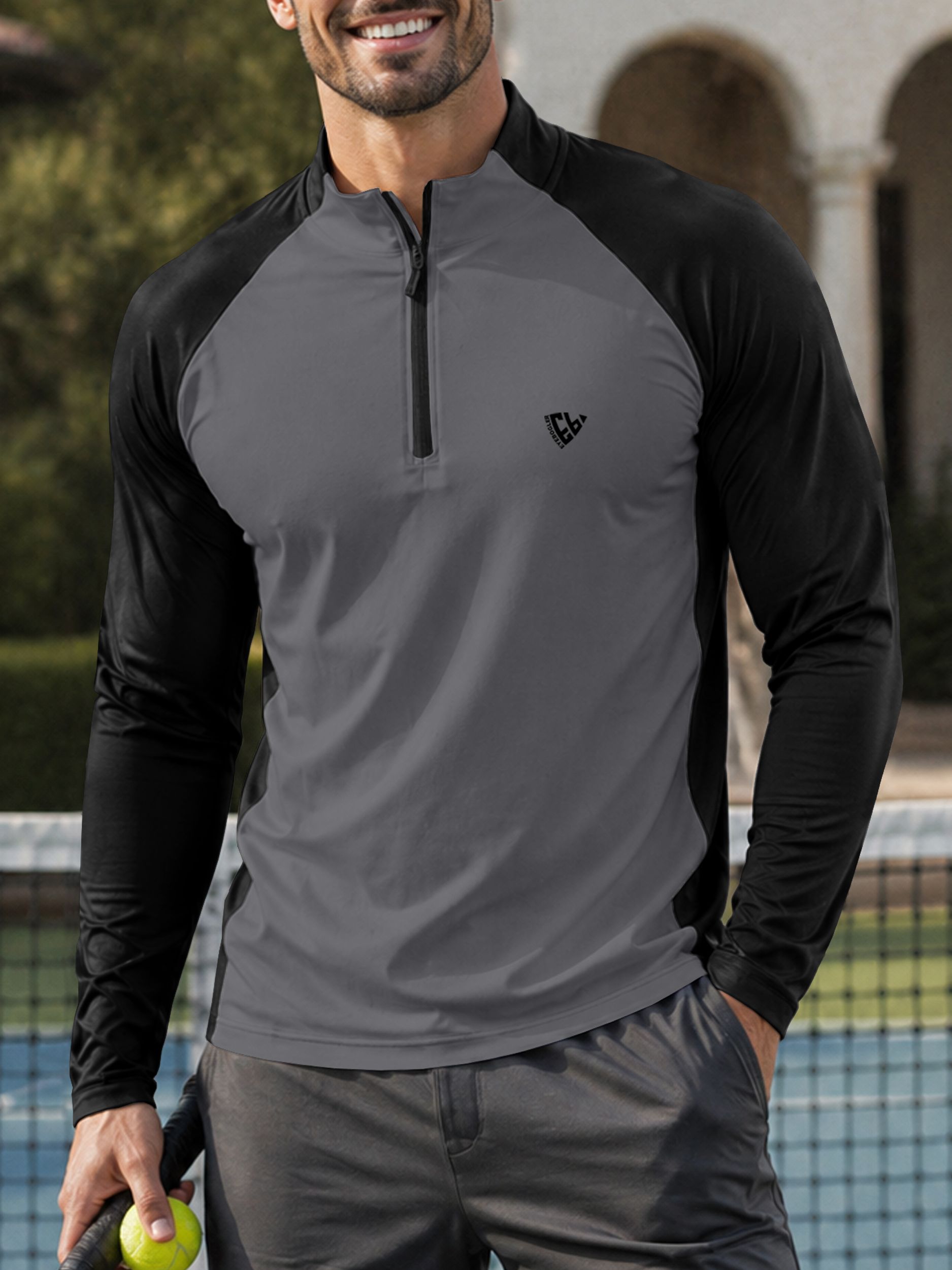 Men Colorblock Zip Neck Polyester Black, Grey T-Shirt-image-40