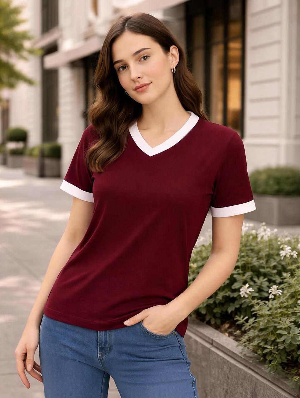 adyavastram Women Solid V Neck Cotton Blend Maroon T-Shirt-picture-44