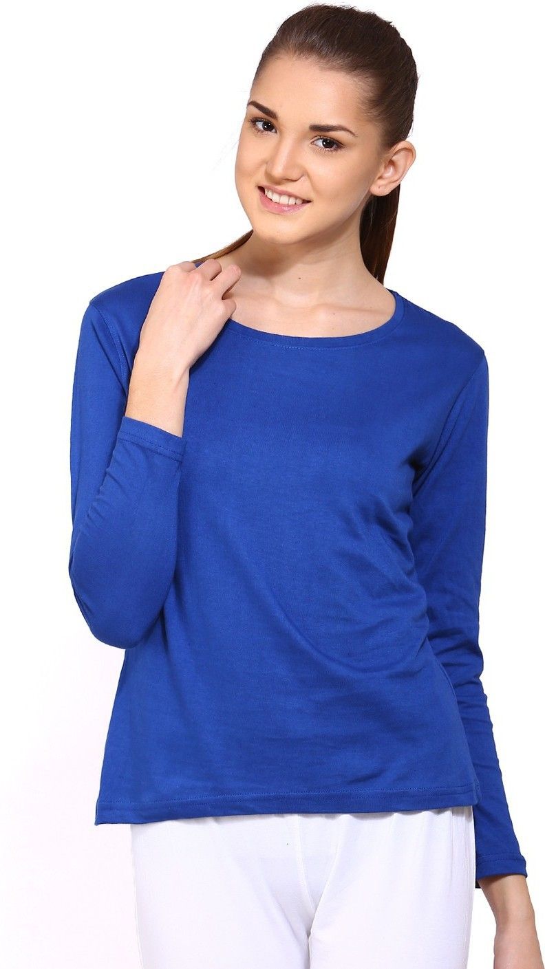 ap'pulse Women Solid Round Neck Pure Cotton Blue T-Shirt-picture-2