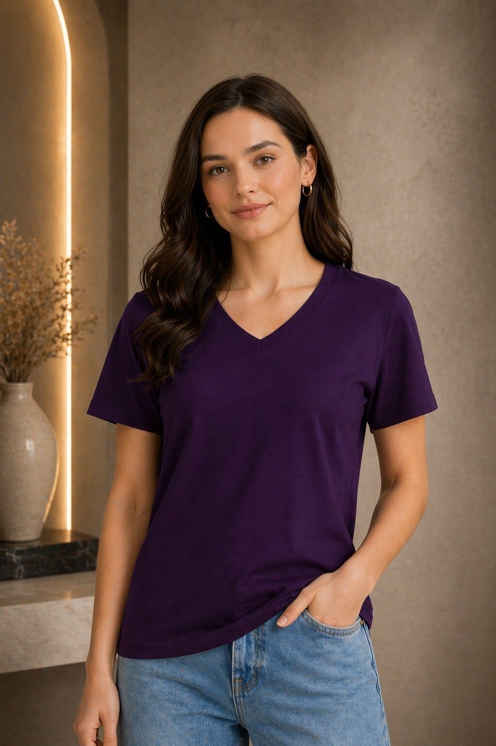 adyavastram Women Solid V Neck Cotton Blend Purple T-Shirt-picture-21