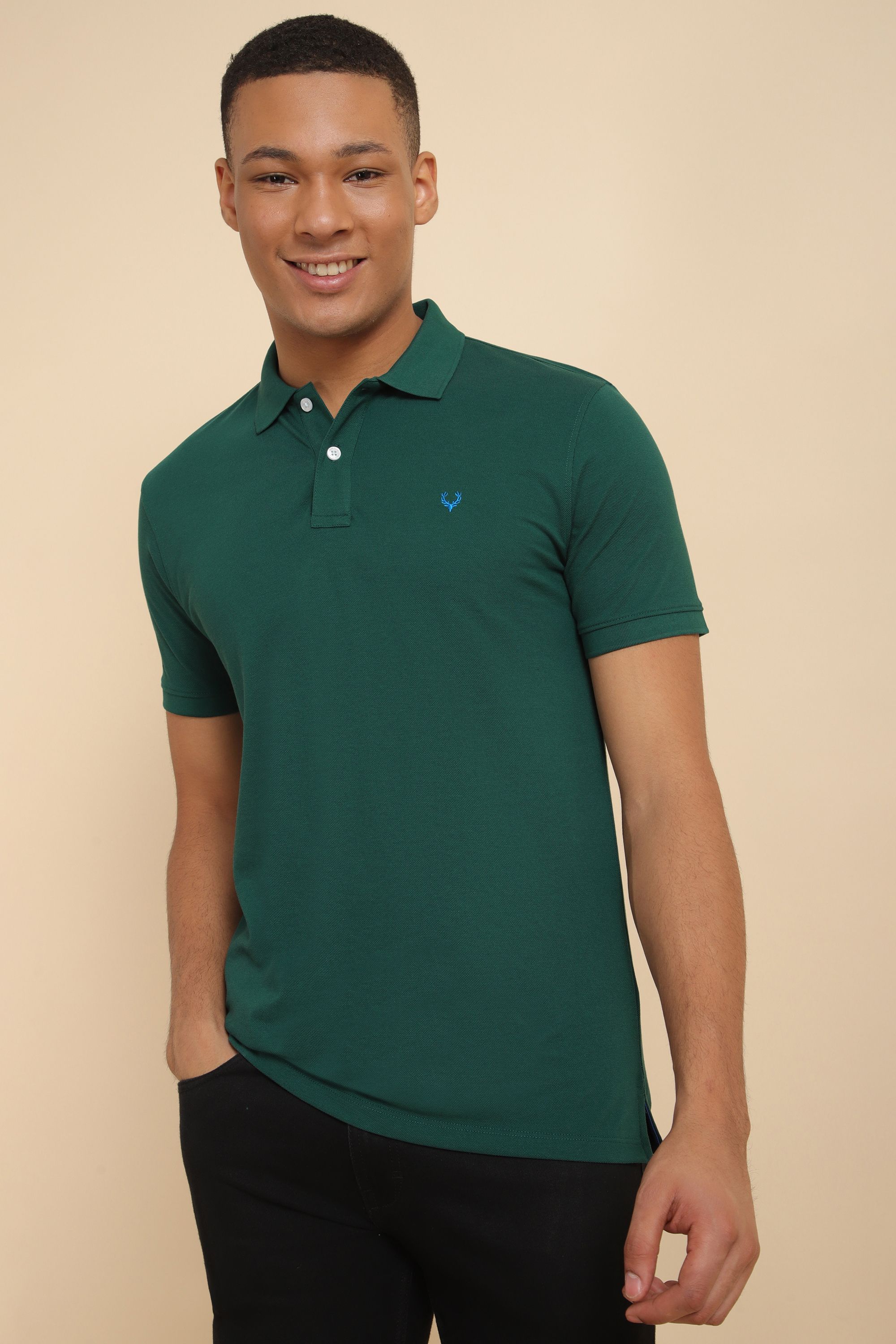 allen solly Men Solid Polo Neck Cotton Blend Green T-Shirt-picture-17