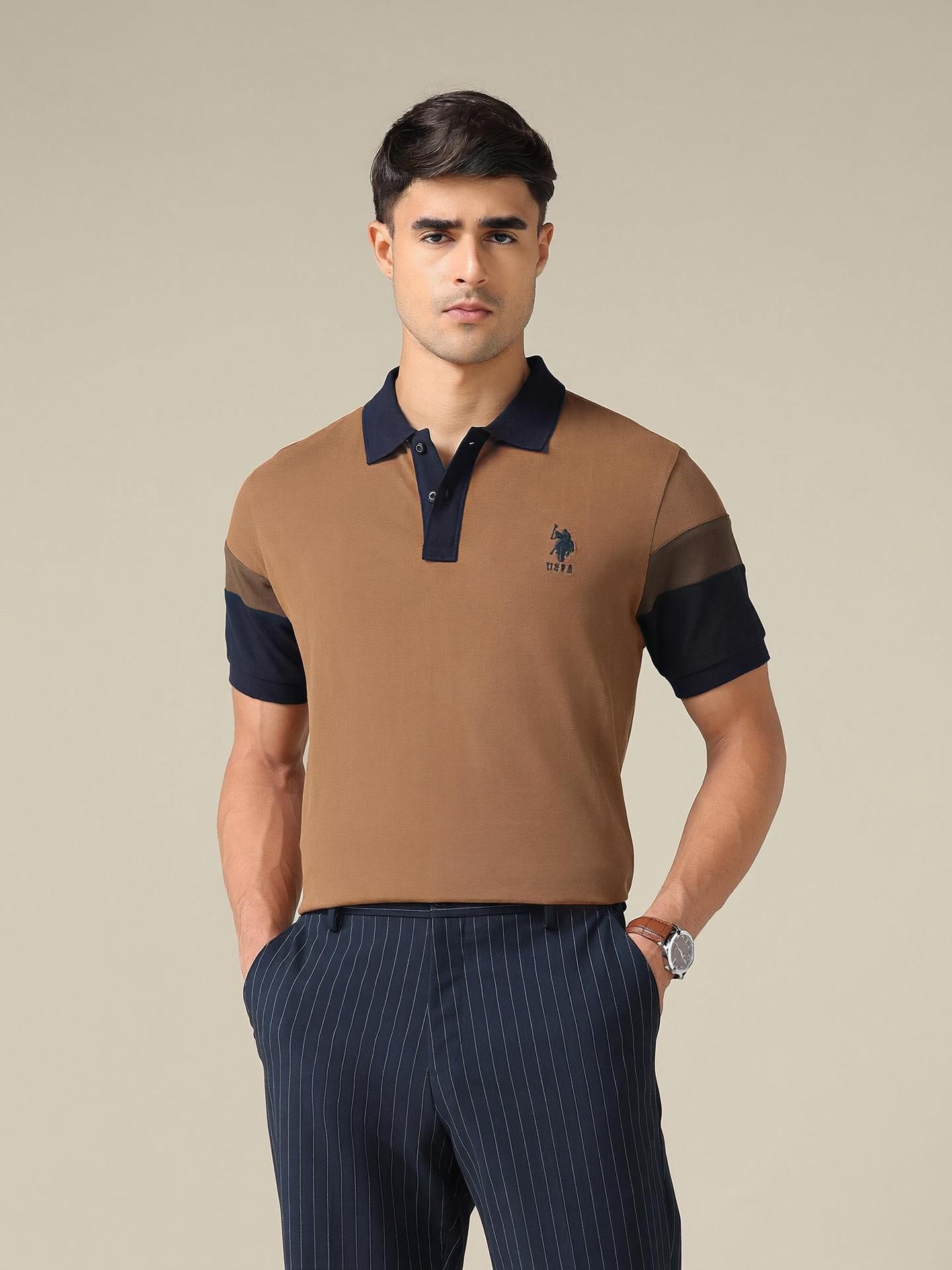 u.s. polo assn. Men Solid Polo Neck Pure Cotton Brown T-Shirt-picture-22