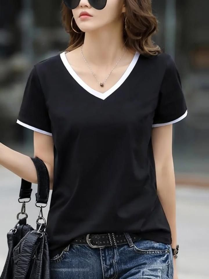 nilan tees wear Women Solid V Neck Cotton Blend White T-Shirt-picture-32