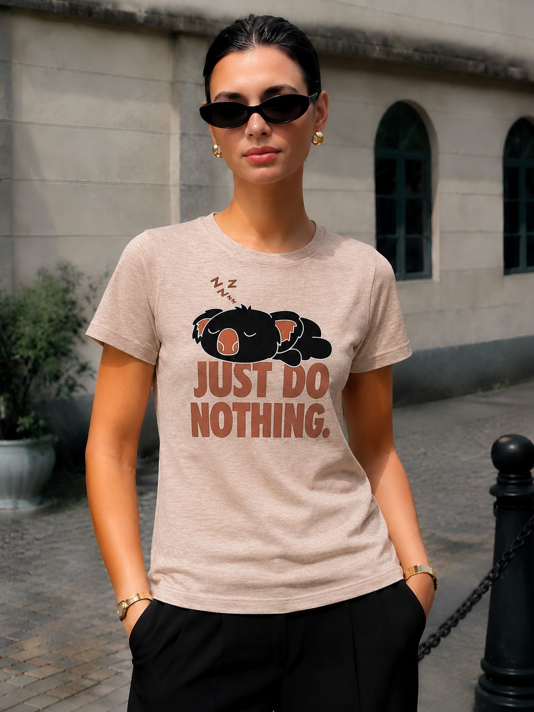 fabflee Women Solid Round Neck Cotton Blend Beige T-Shirt-picture-23