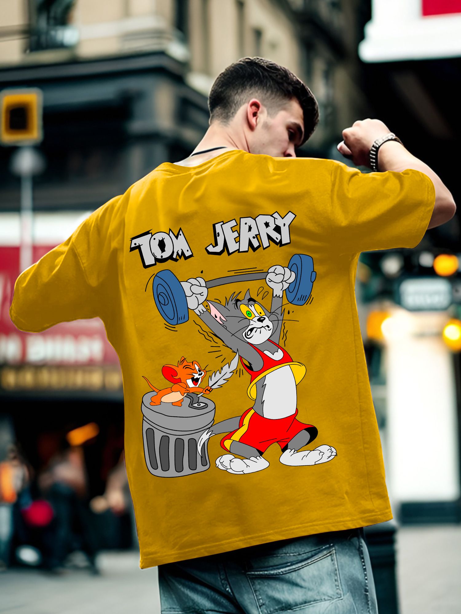 Men Cartoon Round Neck Cotton Blend Yellow T-Shirt-image-28