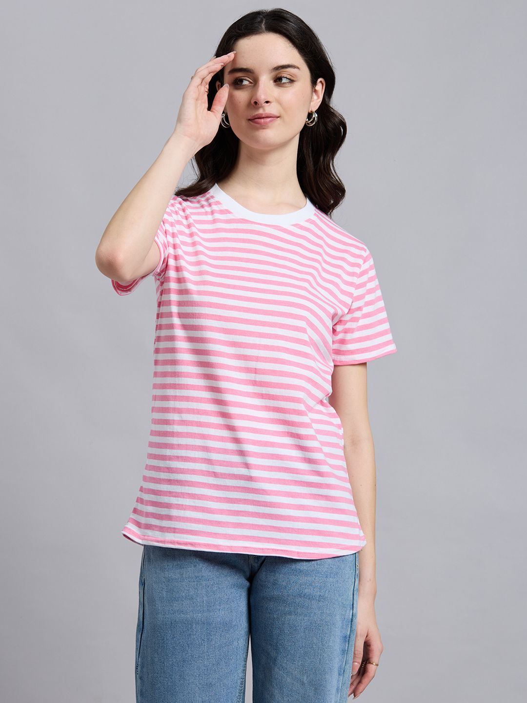 Women Striped Round Neck Pure Cotton Pink T-Shirt