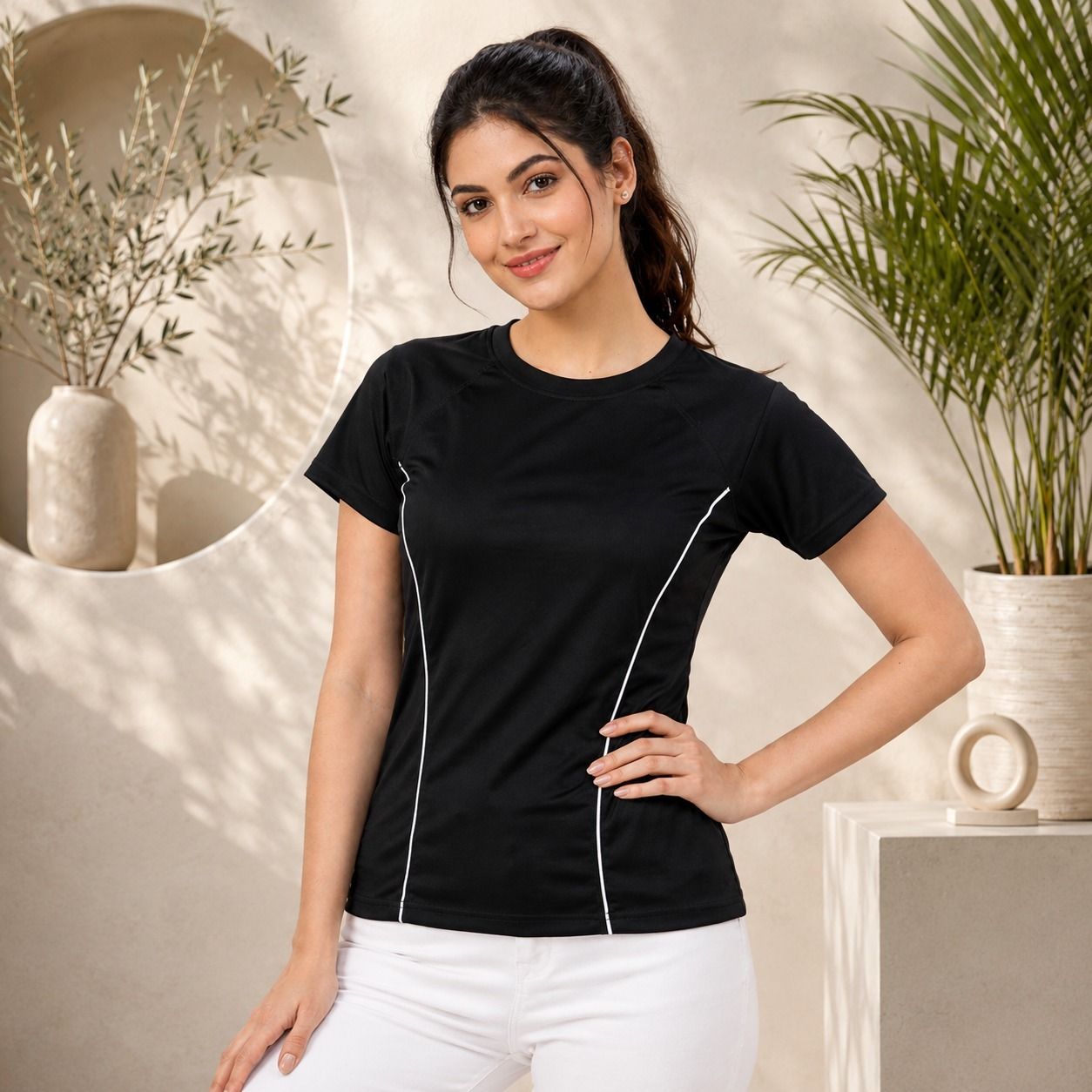 alifsa overseas Women Solid, Sporty Round Neck Reversible Cotton Blend Black T-Shirt-picture-45