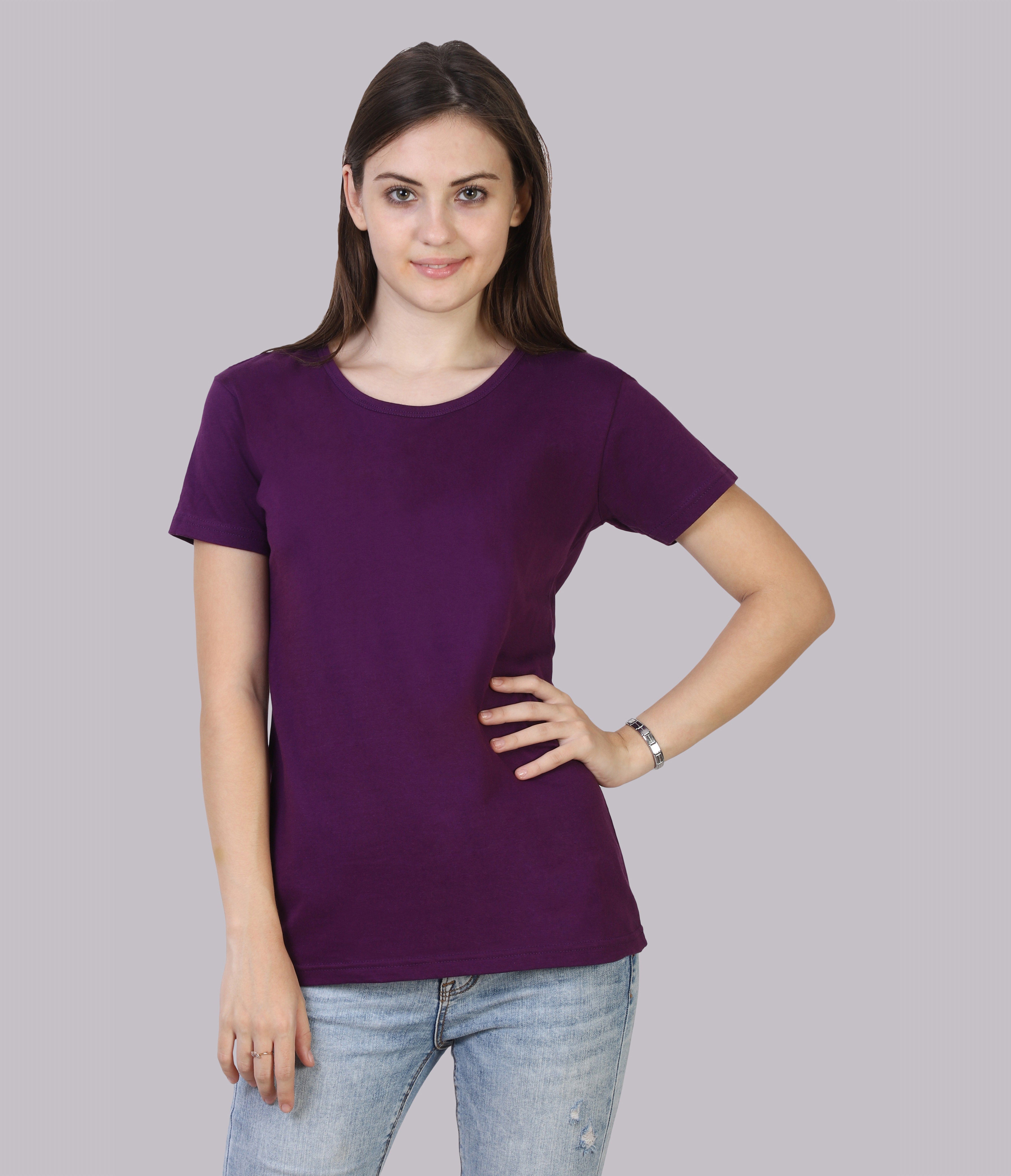 fleximaa Womens Round Neck Half Sleeve Women Solid Round Neck Pure Cotton Purple T-Shirt-picture-12