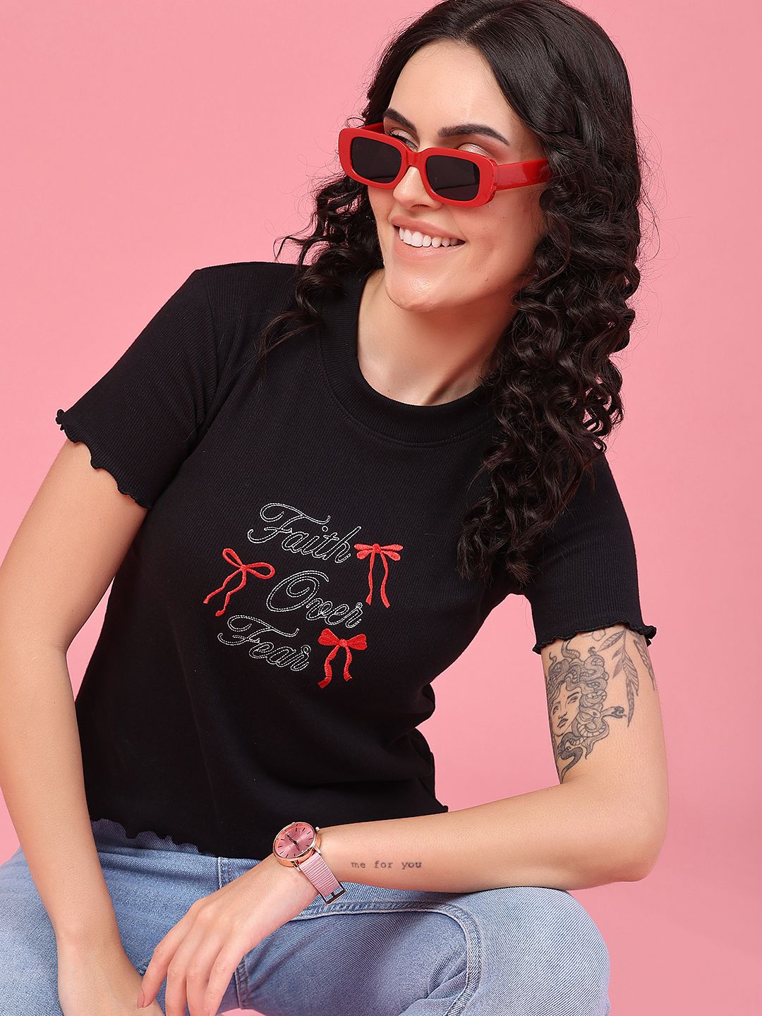 v-mart Women Printed Round Neck Cotton Blend Black T-Shirt-picture-12