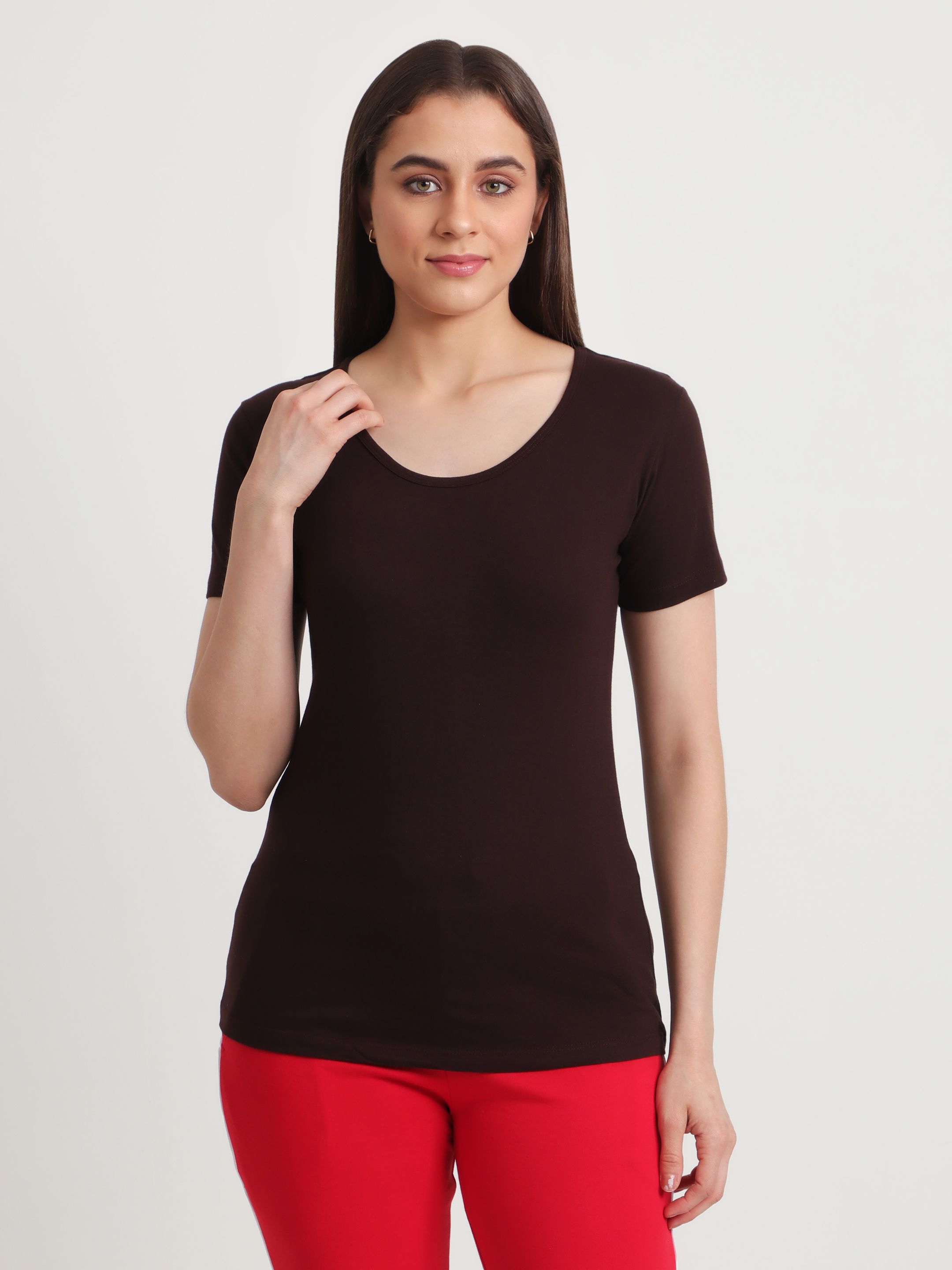 global nomad Women Solid Round Neck Cotton Blend Brown T-Shirt-picture-40