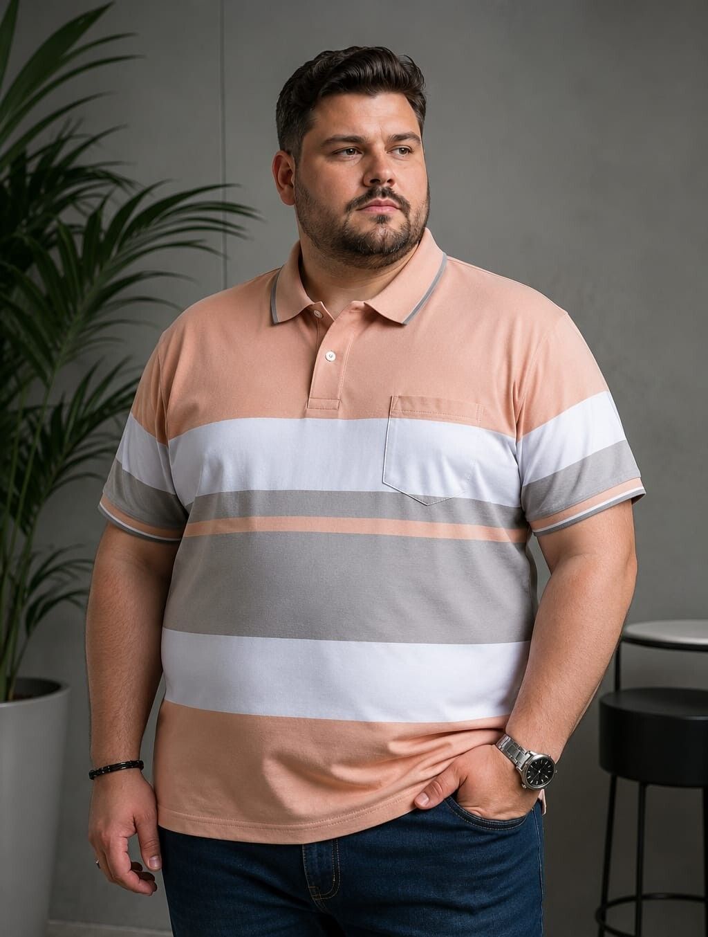Men Striped Polo Neck Cotton Blend Orange T-Shirt-image-8