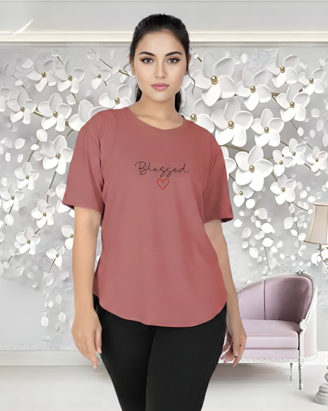 myo2 Women Solid Round Neck Polyester Pink T-Shirt-picture-4