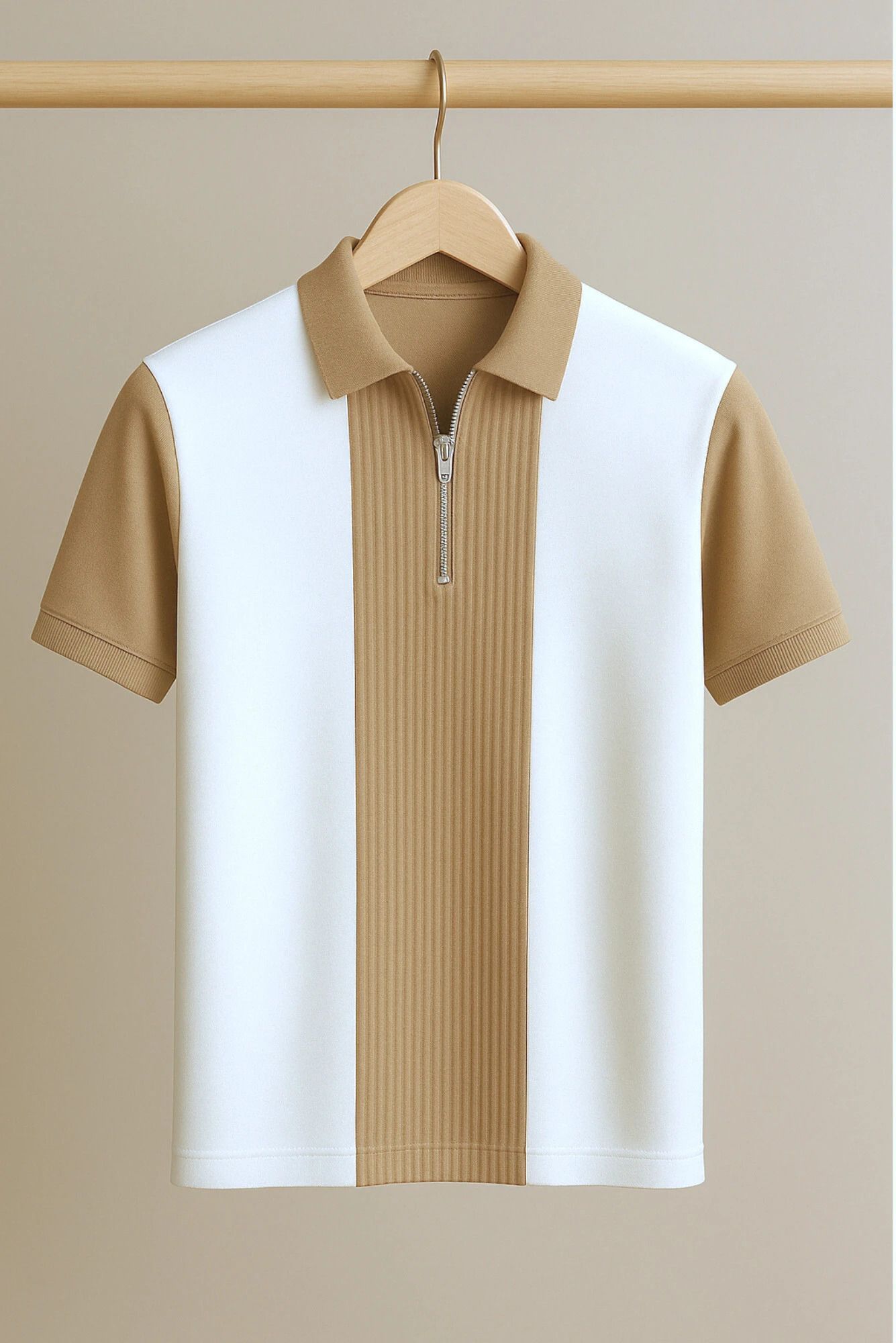 Men Striped Zip Neck Cotton Blend Brown, White T-Shirt