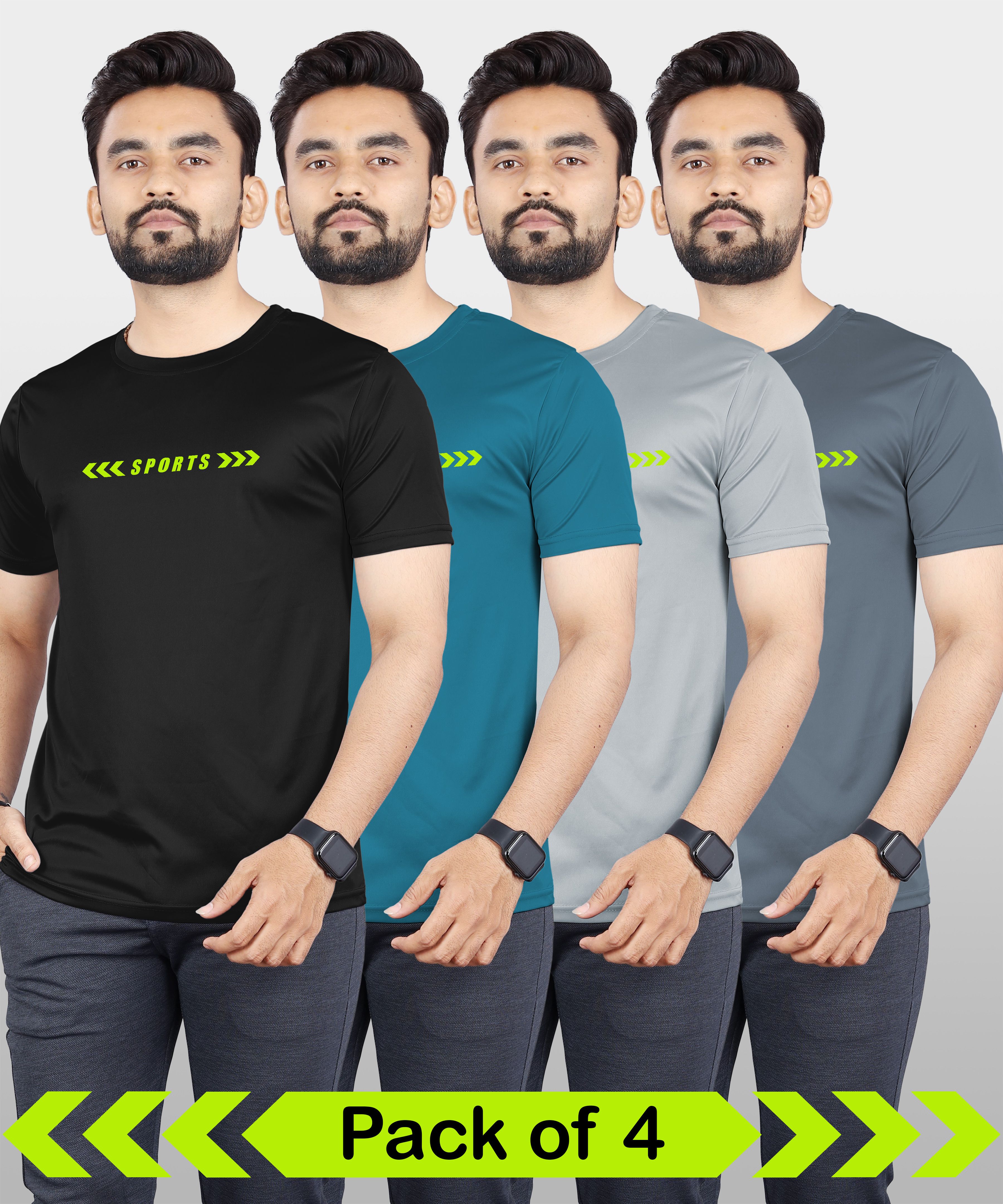 vebnor Pack of 4 Men Self Design Round Neck Polyester Black, Blue, Grey T-Shirt-picture-21
