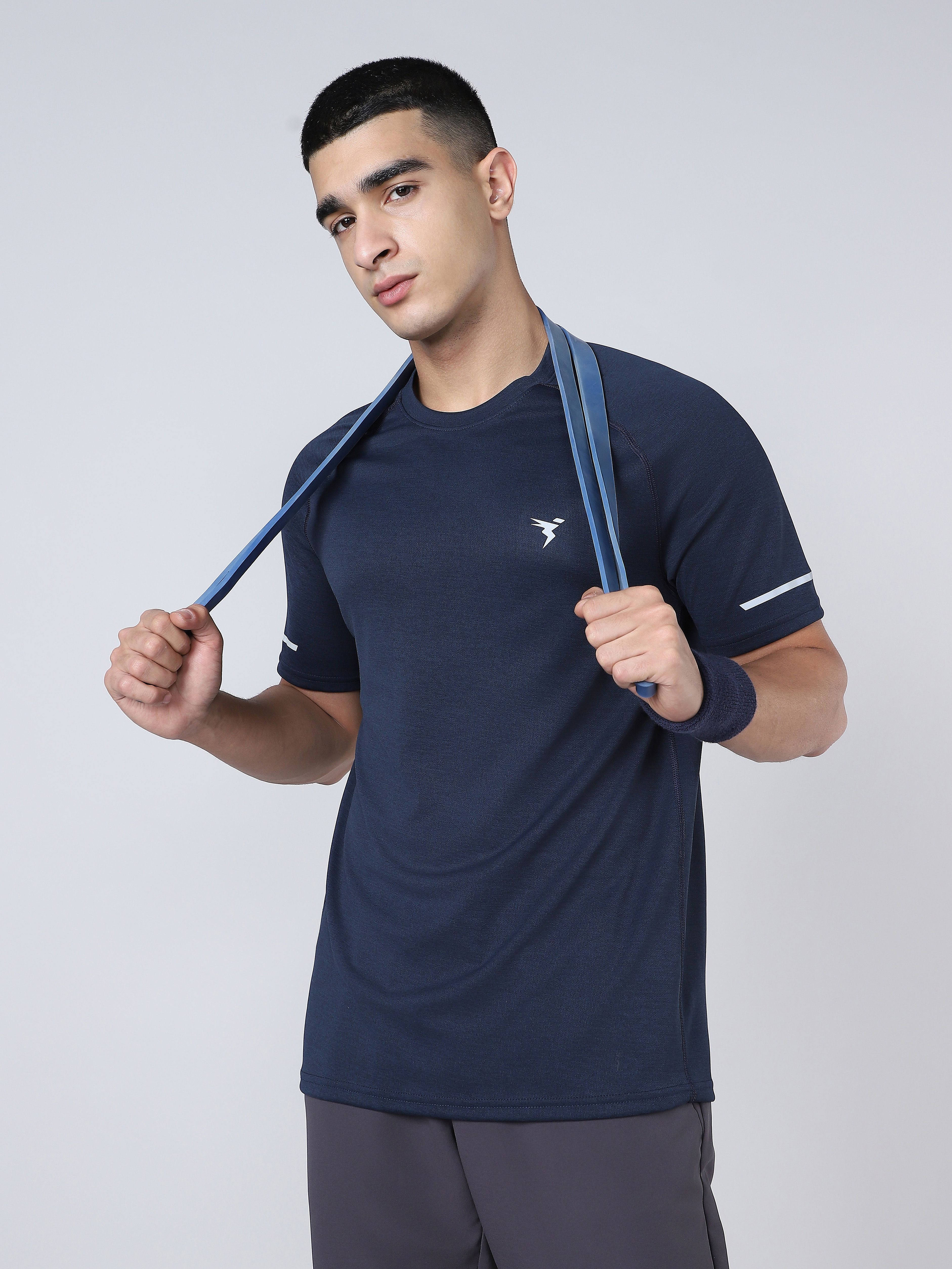 Men Solid Round Neck Polyester Navy Blue T-Shirt-image-25