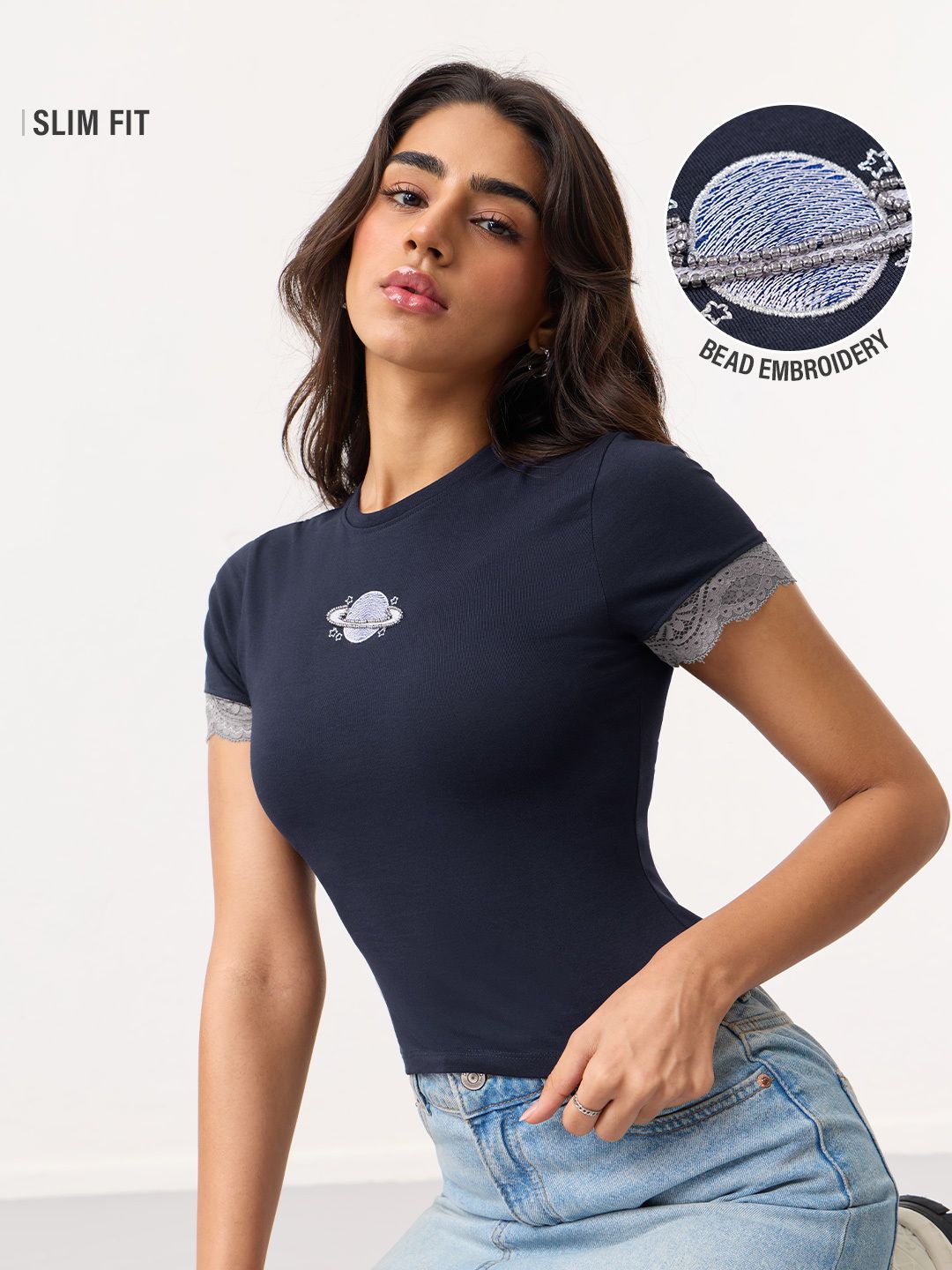the souled store Women Embroidered Round Neck Cotton Blend Navy Blue T-Shirt-picture-13