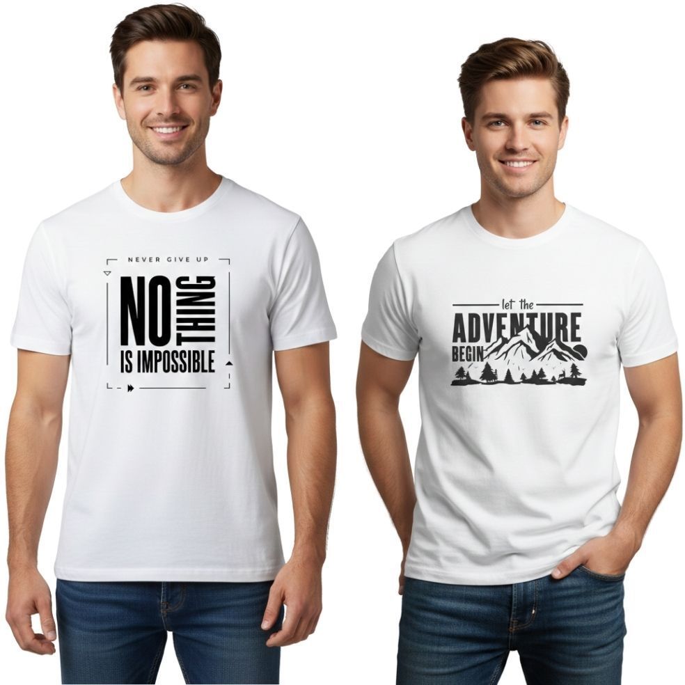 vkv fshion Pack of 2 Men Graphic Print Round Neck Cotton Blend White T-Shirt-picture-33