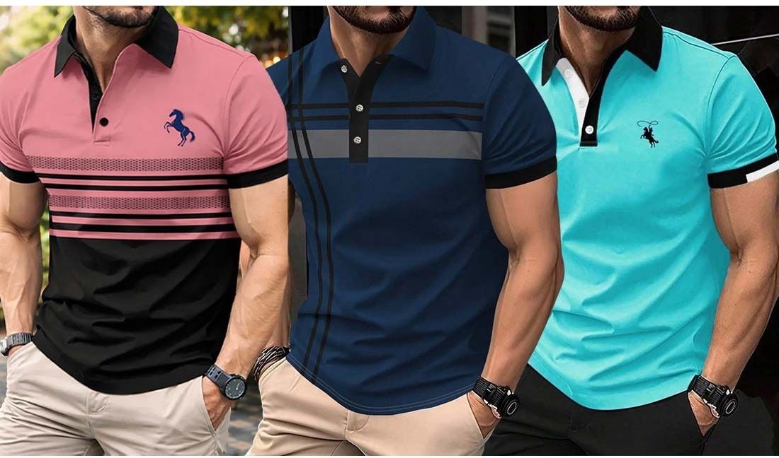 bliss bell Pack of 3 Men Striped Polo Neck Polycotton Multicolor T-Shirt-picture-32