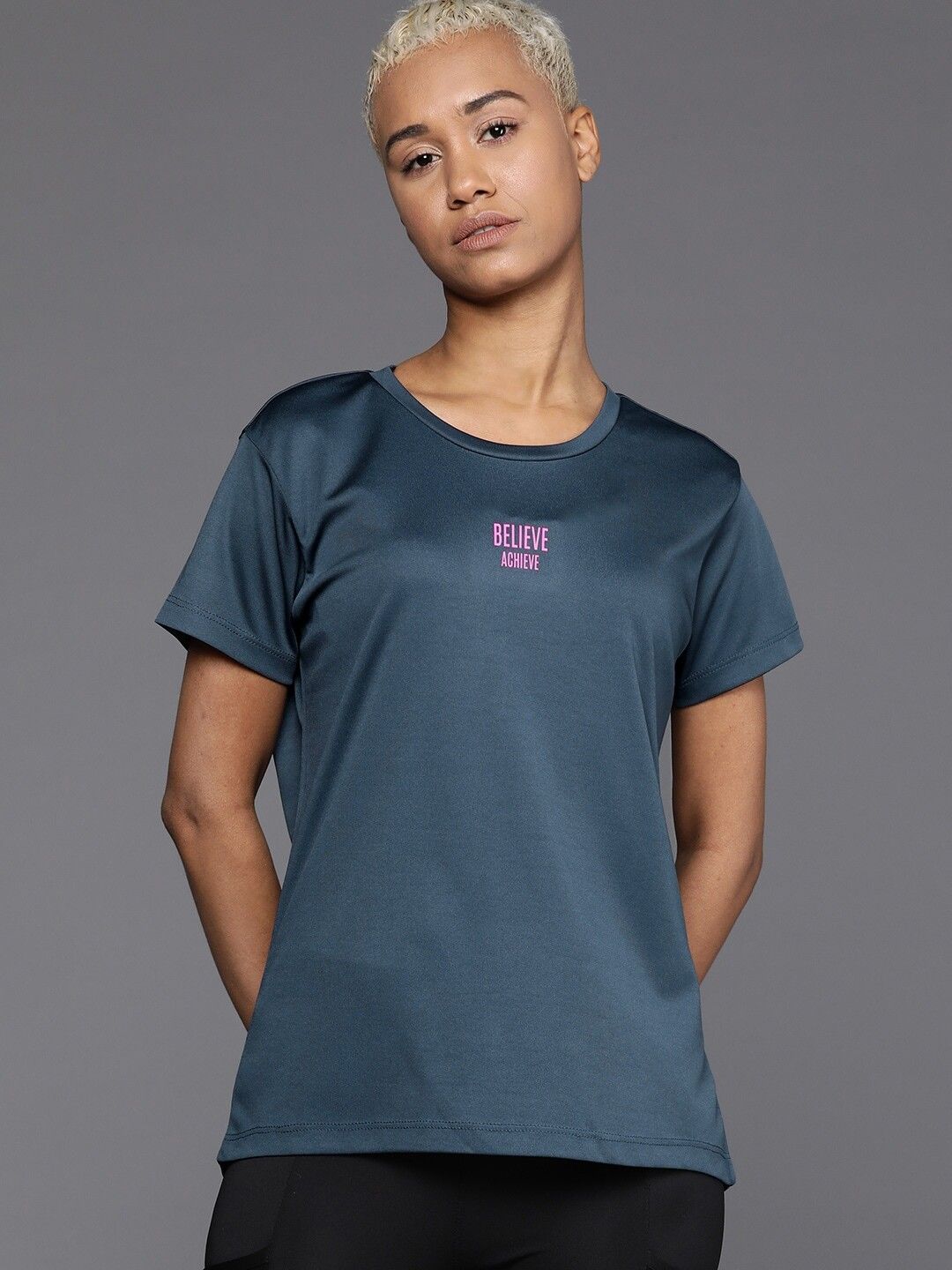 Women Solid Round Neck Polyester Blue T-Shirt-image-30