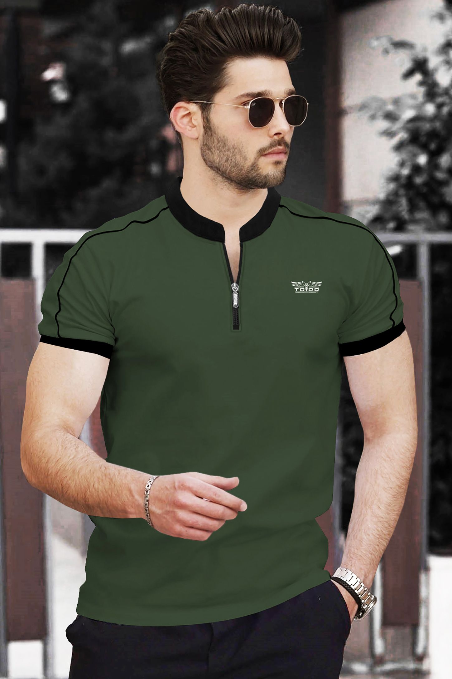 tripr Men Solid Mandarin Collar Cotton Blend Dark Green, Black T-Shirt-picture-20