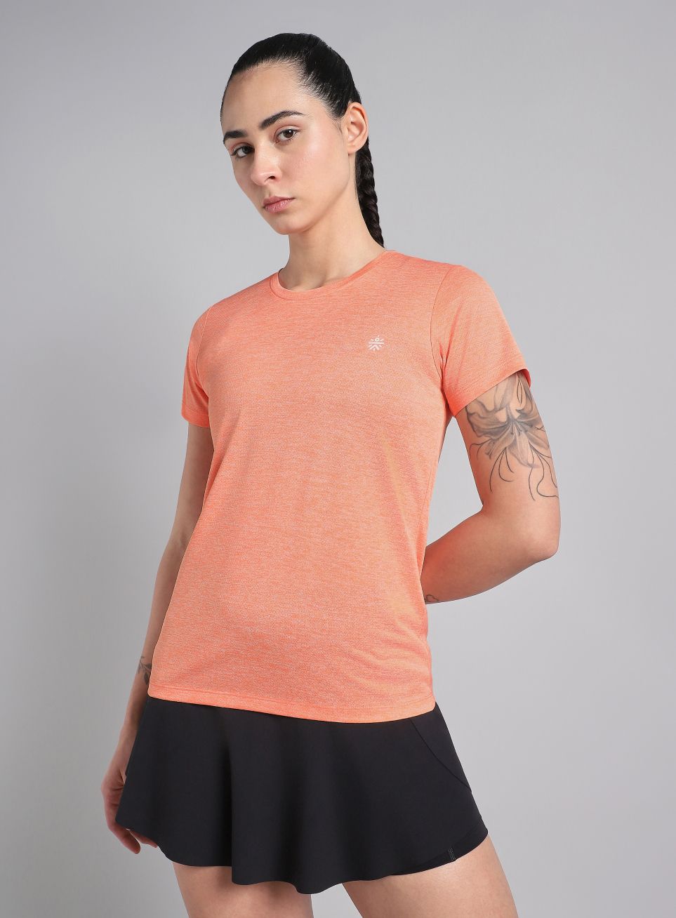 Women Self Design Round Neck Polyester Orange T-Shirt-image-19