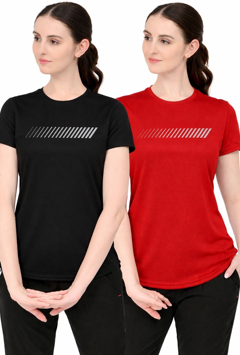 3colors Pack of 2 Women Printed Scoop Neck Polyester Black, Red T-Shirt-picture-25