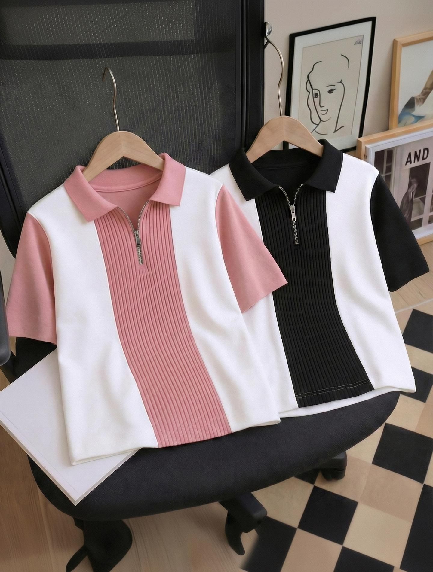 try this Men Colorblock Polo Neck Cotton Blend Pink, Black T-Shirt-picture-18