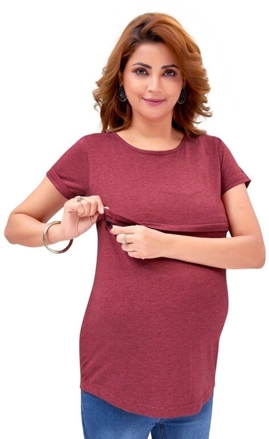 mama & bebe Women Solid Round Neck Cotton Blend Maroon T-Shirt-picture-11