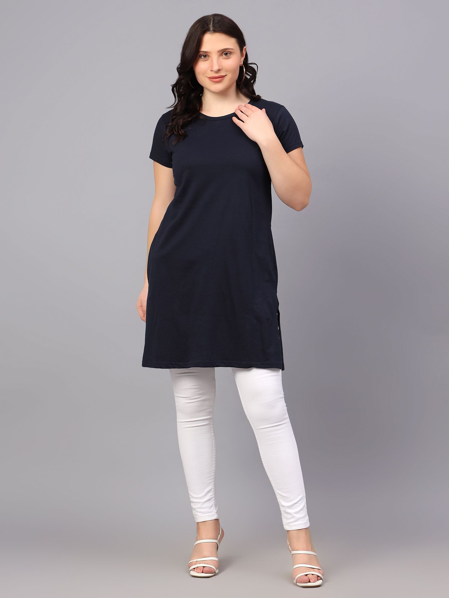 Women Solid Round Neck Pure Cotton Navy Blue T-Shirt-image-40