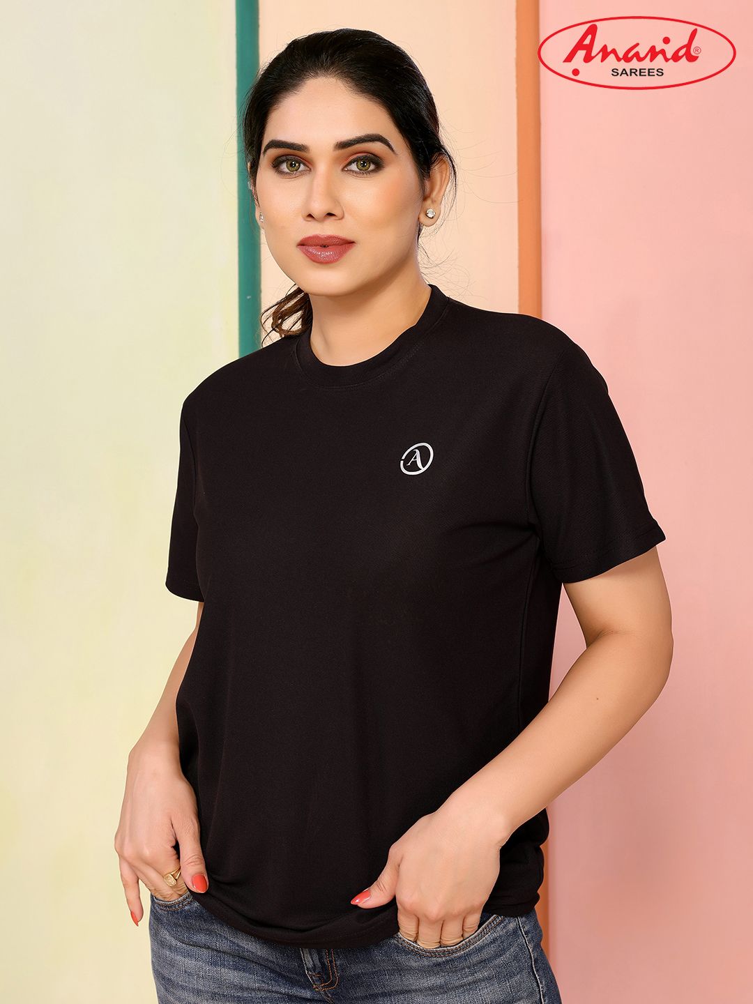 anand Women Solid Round Neck Polyester Black T-Shirt-picture-11