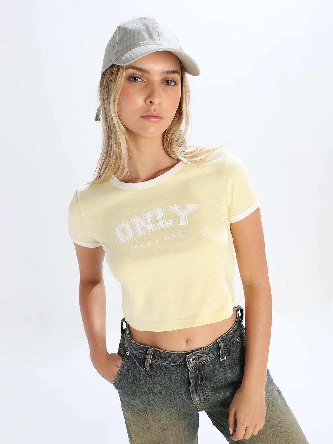 only Women Typography Round Neck Cotton Blend Yellow T-Shirt-picture-12