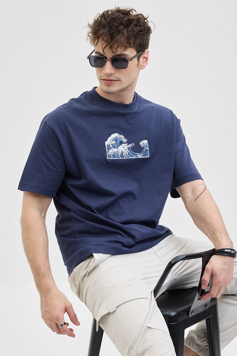 Men Embroidered Crew Neck Pure Cotton Navy Blue T-Shirt-image-38