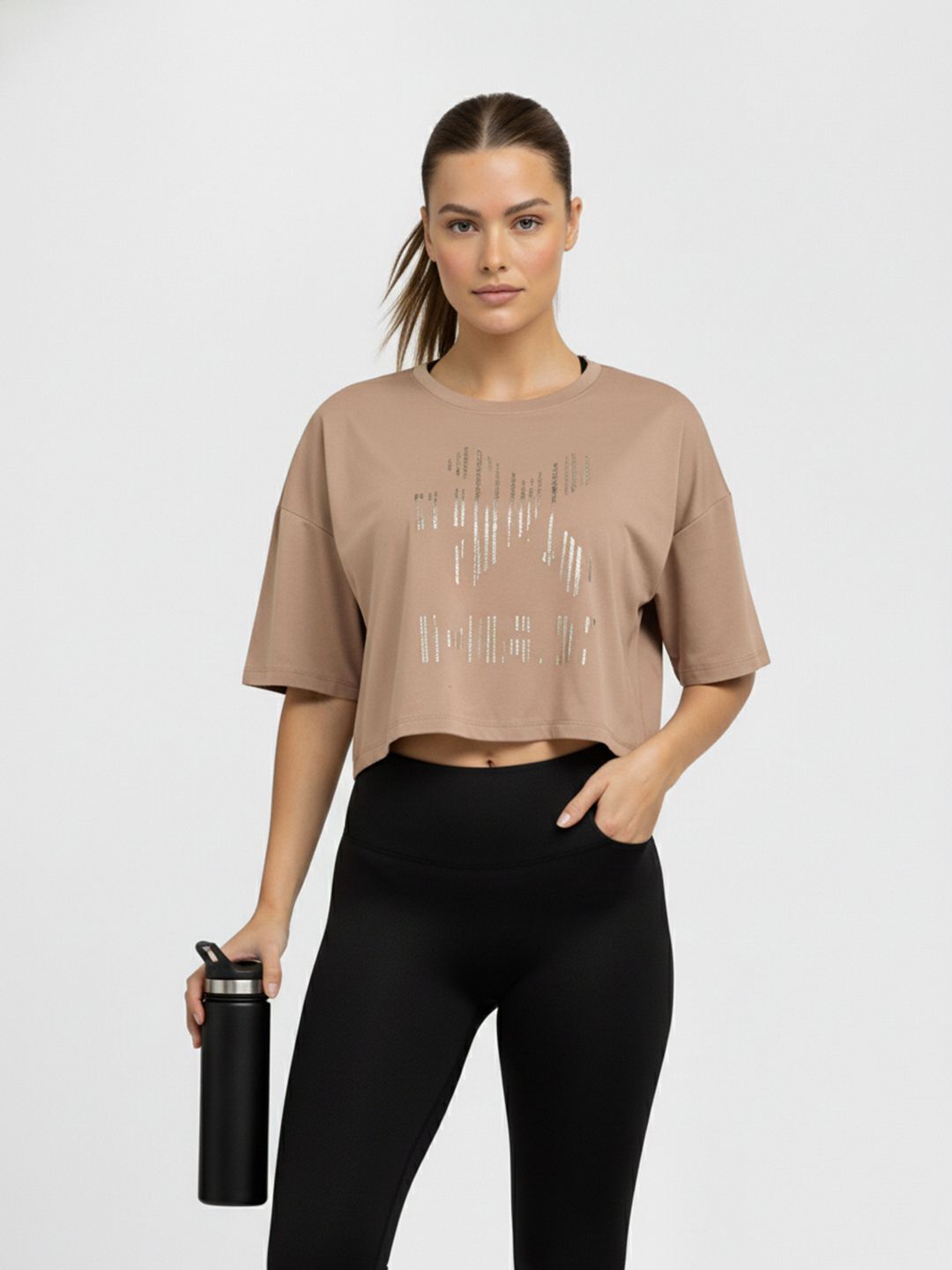 hrx by hrithik roshan Women Printed Round Neck Polyester Brown T-Shirt-picture-28