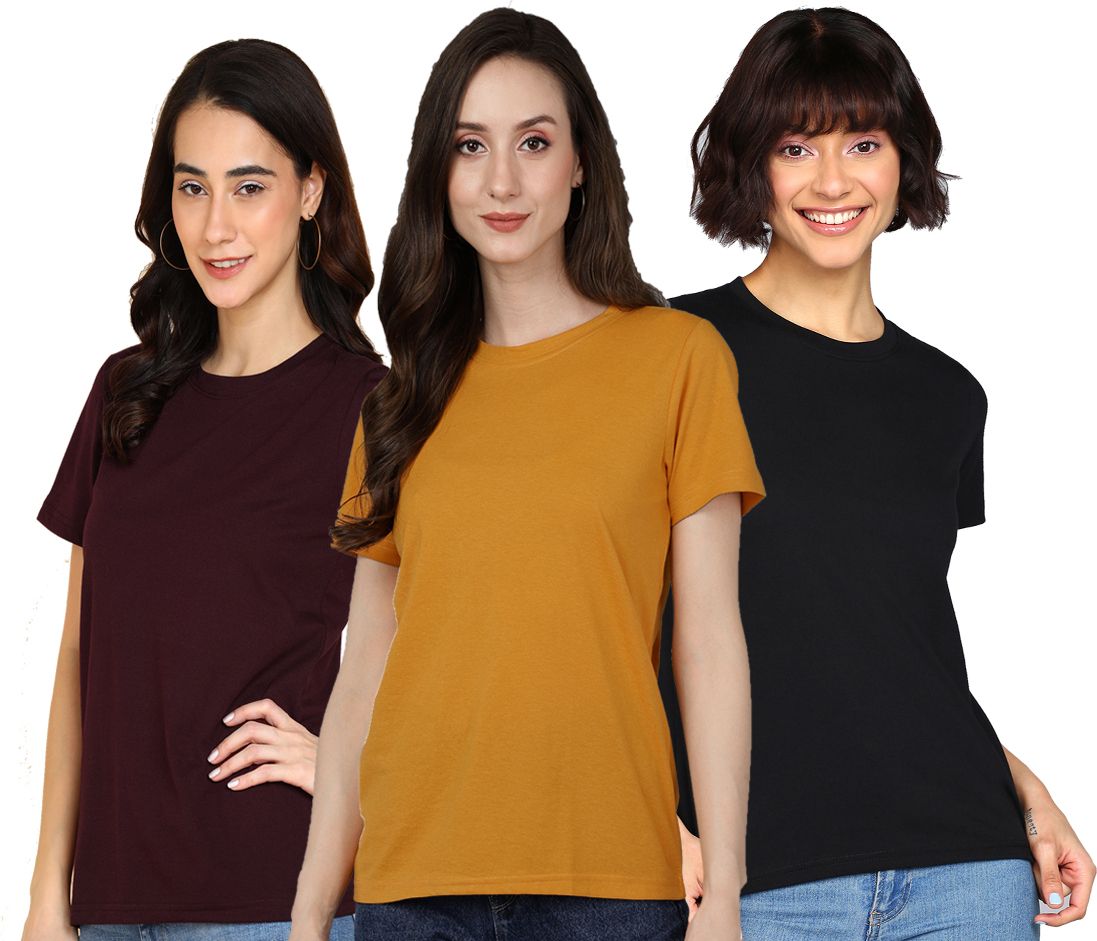 adyavastram Pack of 3 Women Solid Round Neck Cotton Blend Multicolor T-Shirt-picture-25