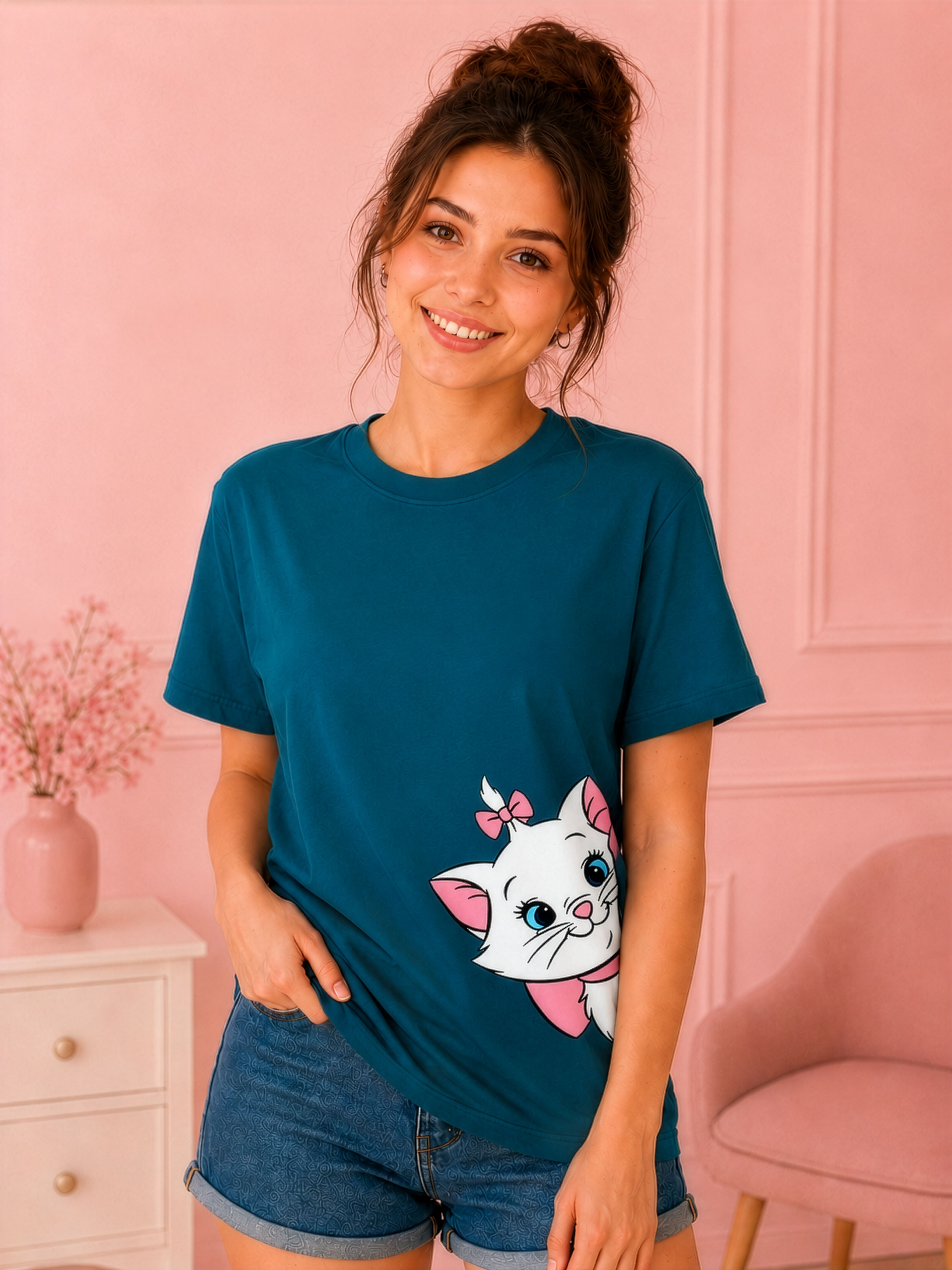 elvia Women Printed Round Neck Pure Cotton Dark Blue T-Shirt-picture-3
