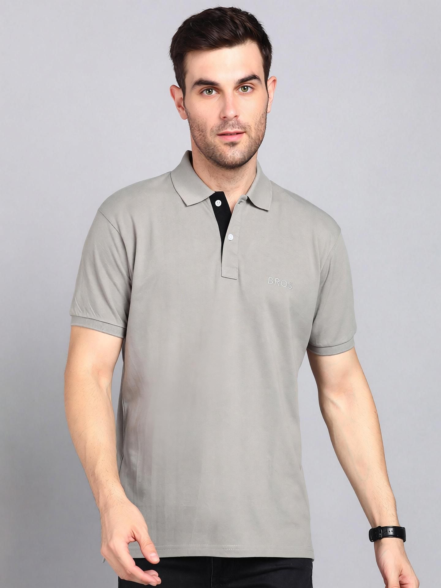 3bros Men Solid Polo Neck Cotton Blend Grey T-Shirt-picture-24