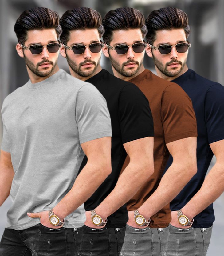tripr Pack of 4 Men Solid Round Neck Cotton Blend Multicolor T-Shirt-picture-12